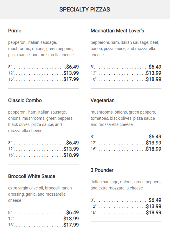 Menu - SPECIALTY PIZZAS