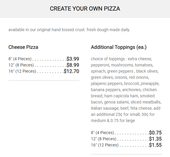 Menu - CREATE YOUR OWN PIZZA